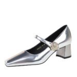 BIGTREE SHOES 5288-k89 European and American Style Banquet Women's Shoes Metal Rhinestone Buckle One-Strap Mid-Chunky Heel Low-Cut Square Heel Women's Shoes - Image 5