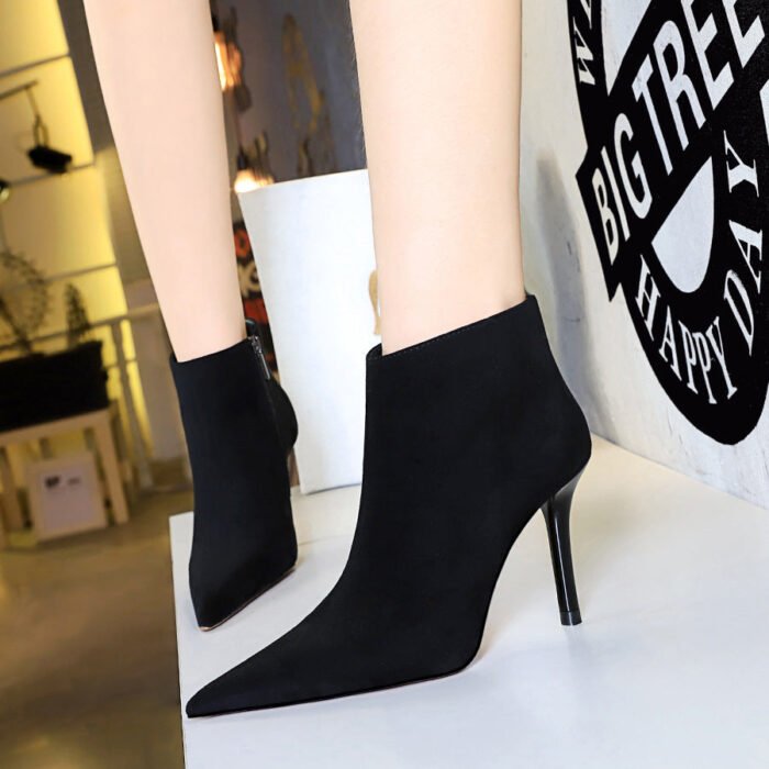Bigtree Shoes 1619-5 European and American Simple Sexy Nightclubs Thinner Stiletto Heel Suede Pointed-Toe Side Zip Women's Boots Ankle Boots - Image 1