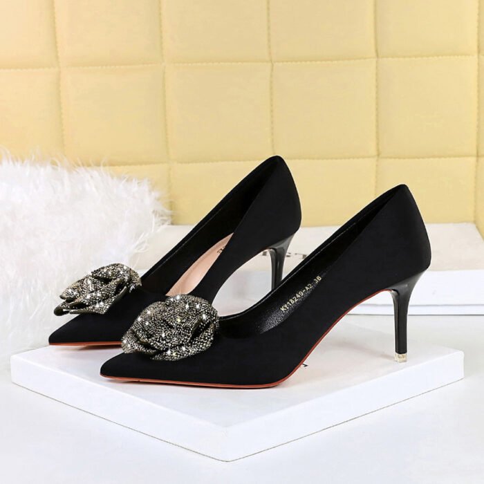 BIGTREE SHOES 18249-ah52 European and American Style Light Luxury Banquet Women's Shoes Stiletto Heel Satin Shallow Mouth Pointed Toe Rhinestone Flower Shoes - Image 3