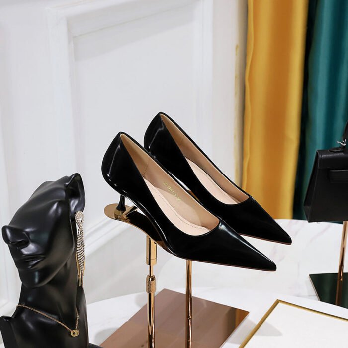1961-2 European American Simple Versatile High Heels Women's Shoes Stiletto Heel Glossy Slit Beads Shallow Mouth Pointed-Toe Women's Shoes - Image 1