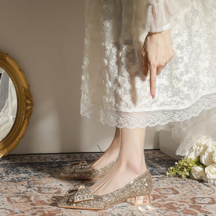 3119-145 French Wedding Shoes Bride Main Wedding Dress Bridesmaid Shoes High-Grade Crystal Thick Heel Shoes - Image 4