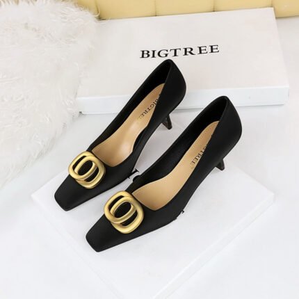 BIGTREE SHOES 6183-k26 Korean Style Versatile Business Ol Women's Shoes Wine Cup Heel High Heel Low-Cut Square Toe Belt Buckle Decorative Women's Shoes