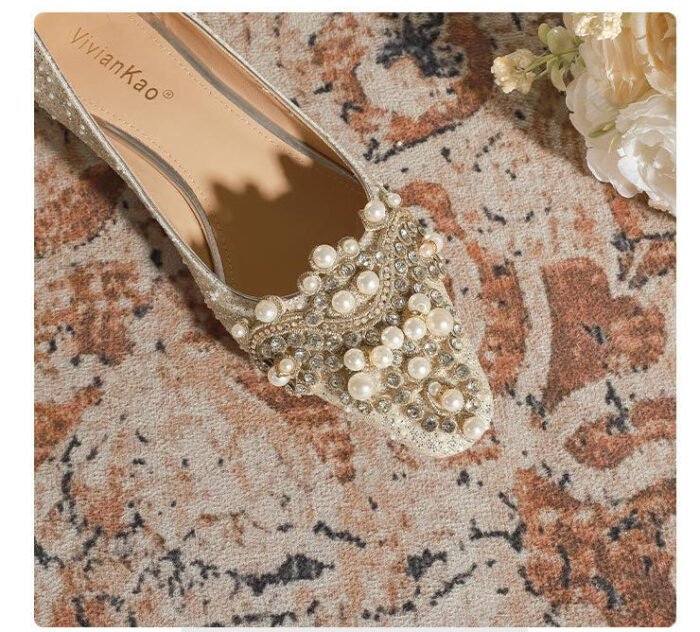 A29-12 Square Toe Low-Cut Pearl Flat Chunky Heel Everyday Joker Low Heel High Grade Bridesmaid Shoes Women - Image 6