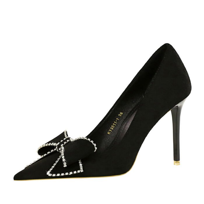 Big Tree Shoes 9511-H7 European and American Sexy Nightclub Super High Heel Women's Shoes Stiletto Suede Shallow Mouth Pointed Toe Rhinestone Bow Pumps - Image 5