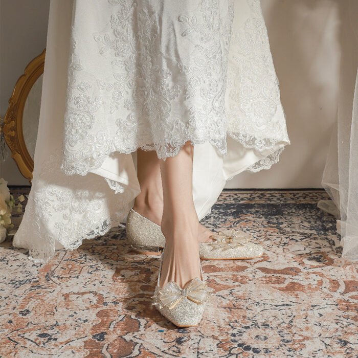 A29-51 Square Head Pearl Flat Chunky Heel Low Heel Niche Advanced Bridesmaid Shoes Women's Wedding Dress Xiuhe Two-Way Wear - Image 4