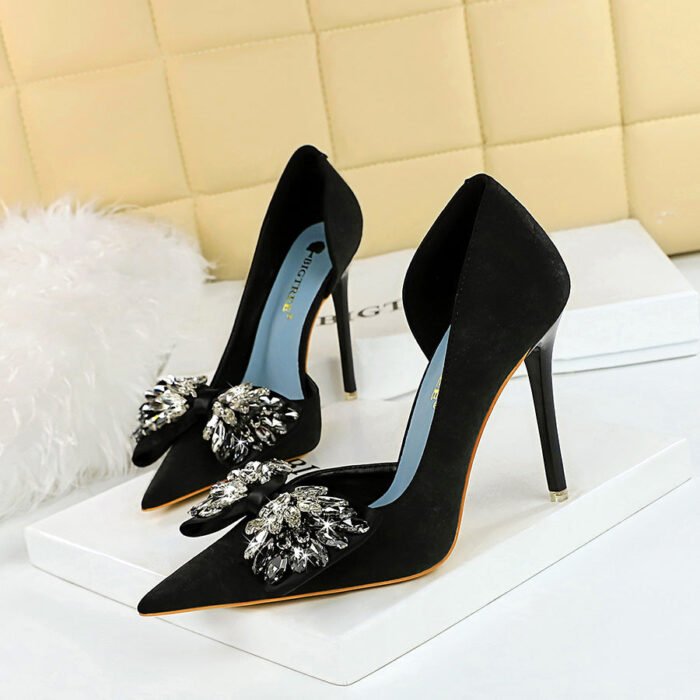 BIG TREE Shoes 6168-H3 European and American High Heels Stiletto Low-Cut Pointed Side Hollow Cloth Surface Ultra-High Heel Rhinestone Bow Pumps - Image 1