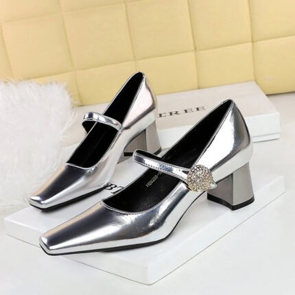 BIGTREE SHOES 5288-k89 European and American Style Banquet Women's Shoes Metal Rhinestone Buckle One-Strap Mid-Chunky Heel Low-Cut Square Heel Women's Shoes