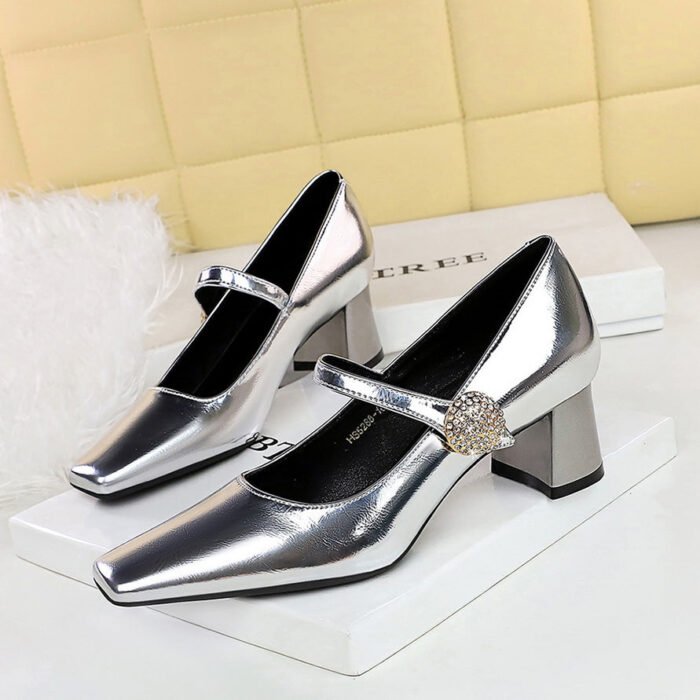 BIGTREE SHOES 5288-k89 European and American Style Banquet Women's Shoes Metal Rhinestone Buckle One-Strap Mid-Chunky Heel Low-Cut Square Heel Women's Shoes - Image 1