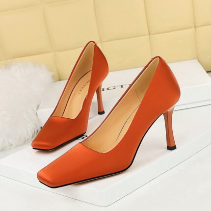 BIG TREE SHOES 7731-1 Korean Fashion Simple High Heels Stiletto Heel Low-Cut Square Toe Satin Banquet Women's Shoes Pumps