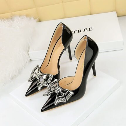 BIG TREE SHOES 638-H18 European and American Style Banquet High Heels Shallow Mouth Pointed Patent Leather Stilettos Super High Heel Rhinestone Bow Pumps