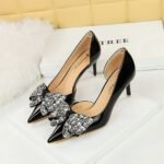 BIG TREE SHOES 638-Ah21 Korean Style Banquet Women's Shoes High Heel Stiletto Low Mouth Pointed Side Hollow Patent Leather Rhinestone Bow Pumps - Image 2