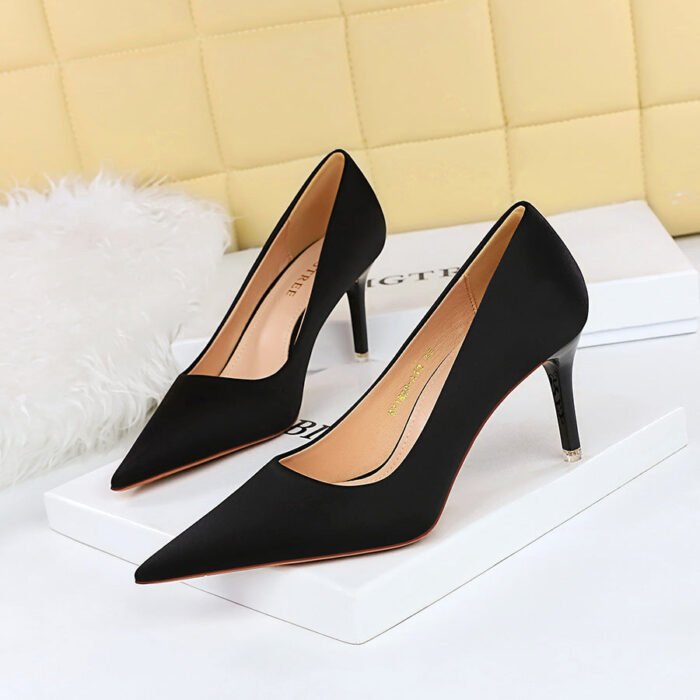 1983-a1 Korean Style Stylish Simple and Versatile High Heels Stiletto Heel Shallow Mouth Pointed Toe Spring and Autumn Satin Women's Shoes BIG TREE SHOES - Image 4