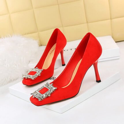 BIG TREE SHOES 7792-1 K82 European and American Banquet High Heels Women's Shoes Super High Heel Low-Cut Square Toe Suede Metal Rhinestone Buckle Pumps