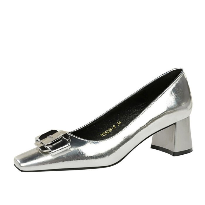 BIGTREE SHOES 5288-k91 European and American Style Business All-Matching Ol Commuter Women's Shoes Chunky Heel Mid Heel Square Toe Metal Buckle Bow Pumps - Image 5