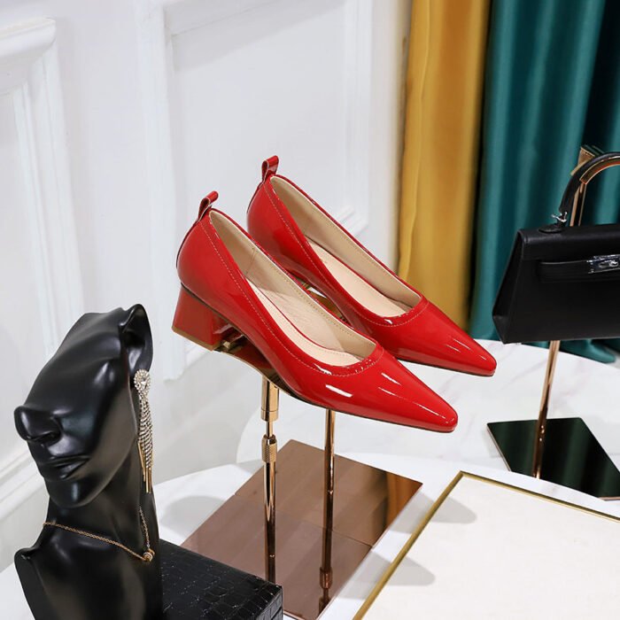 1235-1 Korean Fashion Simple Comfortable All-Matching Chunky Heel Mid Heel Patent Leather Shallow Mouth Pointed Business Ol Women's Thin Shoes - Image 1