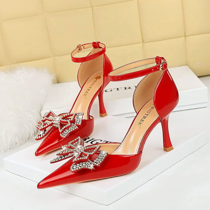 BIGTREE SHOES 8323-h18 European and American Style Banquet Sping Sandal High Heels Women's Shoes Shallow Mouth Hollow-out Rhinestone Bow Sandals - Image 3