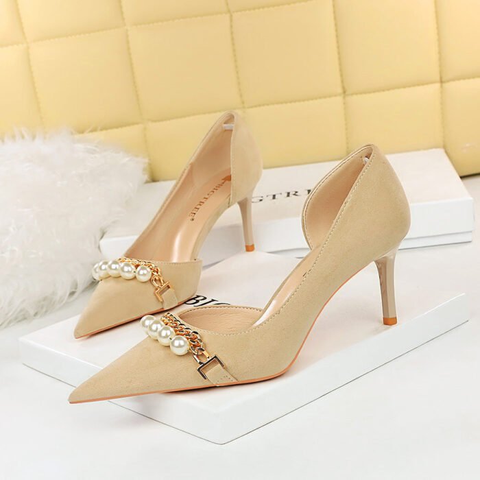 8829-a2 Korean Style Banquet Stiletto Heel Suede Shallow Mouth Pointed Pearl Metal Chain Side Hollow Women's Shoes - Image 2