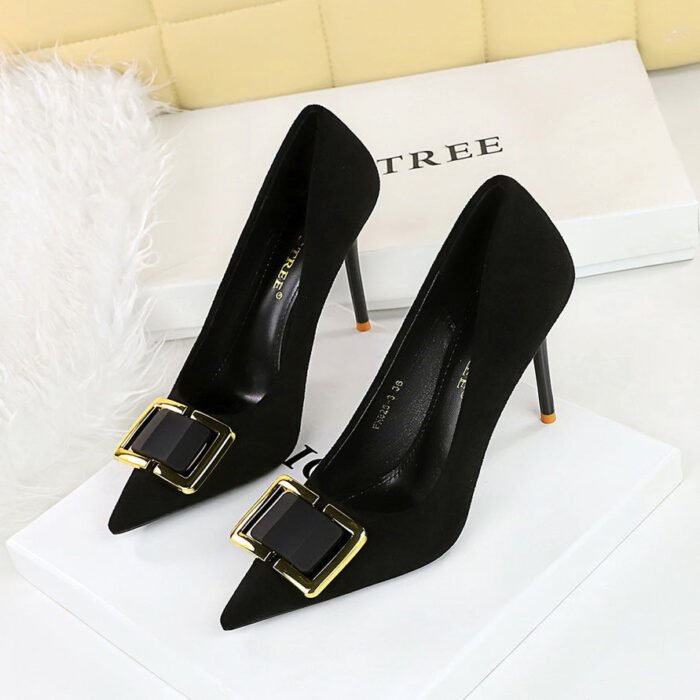 BIGTREE SHOES 825-K57 European and American Style Fashion High Heels Women's Shoes Stiletto Heel Shallow Mouth Pointed Toe Suede Metal Buckle Decoration Pumps Women's - Image 3
