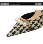 8829-1 Korean version of high-heeled shoes with lattice pattern shallow mouth side hollow houndstooth pearl metal chain super high-heeled shoes - Image 19