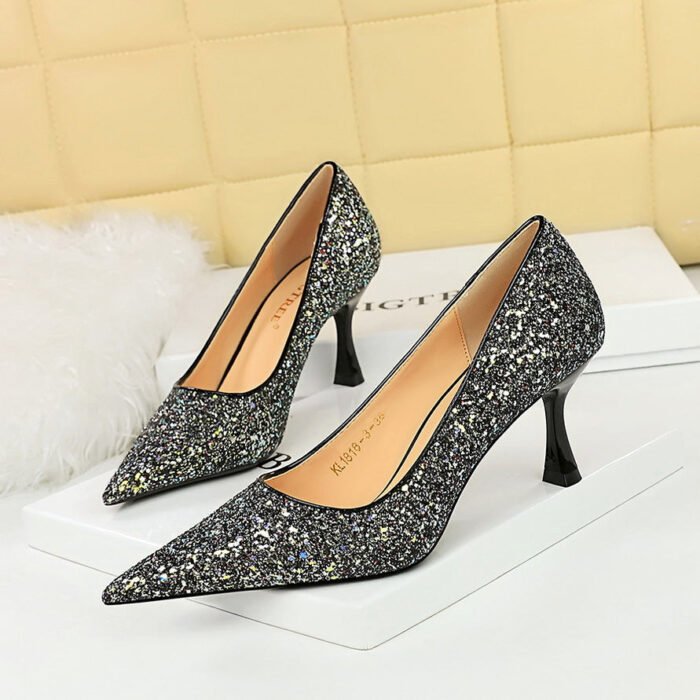 BIG TREE SHOES 1818-3 Korean Style Fashion Banquet High Heels Metal Heel High Heel Low-Cut Pointed Shining Sequin Cloth Pumps Women's Shoes - Image 3