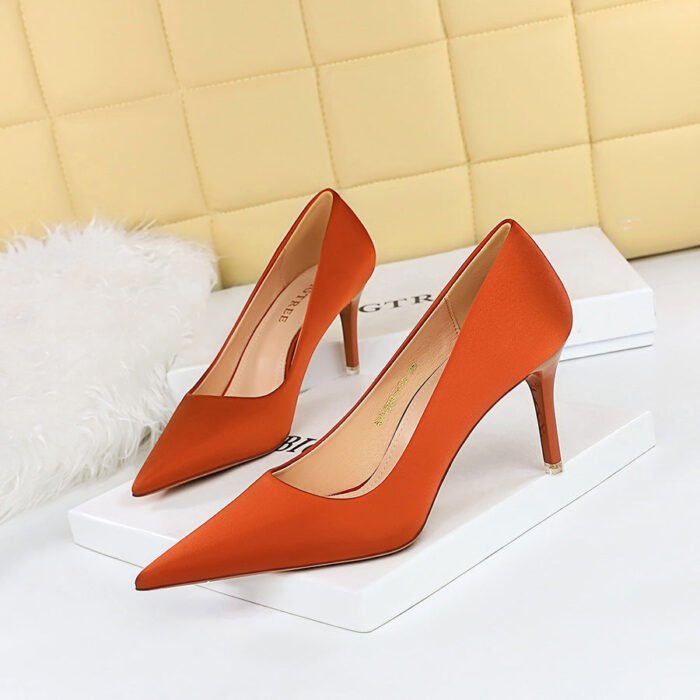 1983-a1 Korean Style Stylish Simple and Versatile High Heels Stiletto Heel Shallow Mouth Pointed Toe Spring and Autumn Satin Women's Shoes BIG TREE SHOES - Image 1