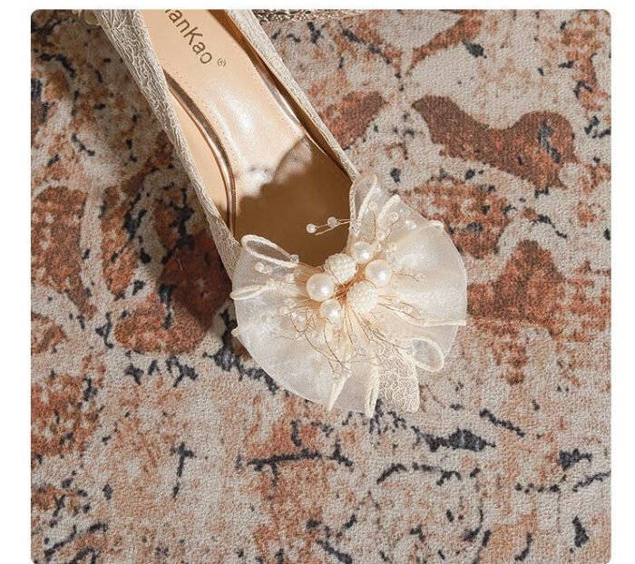 840-16 French Lace Pearl Wedding Shoes Bridal Shoes High Heels Princess Pointed Toe Temperament Fairy Stiletto Heel Pumps Women - Image 8