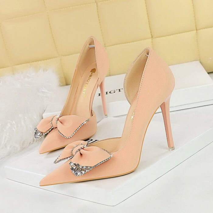 big tree shoes 1298-h31 Korean Fashion High Heels Stiletto Heel Shallow Mouth Pointed Toe Side Hollow Rhinestone Bow Pumps - Image 2