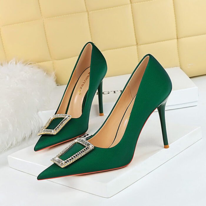 BIGTREE 3265-k8 Korean Style Fashion Banquet High Heel Stiletto Low Mouth Pointed Toe Metal Buckle Rhinestone Buckle High Heel Pumps Women - Image 2