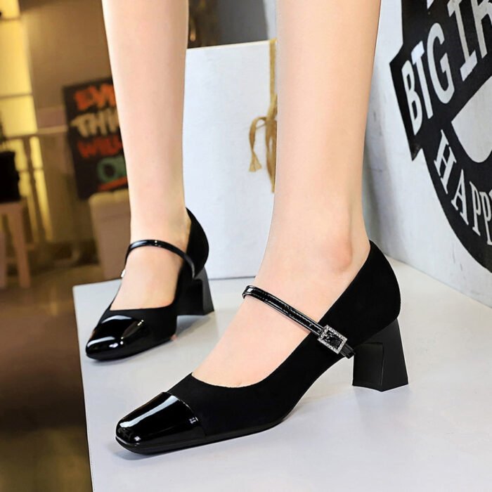BIGTREE SHOES 5296 European and American Style Women's Shoes, Chunky Heel, Mid Heel, Shallow Mouth, Square Toe, Patchwork, One Strap, Rhinestone Buckle, Suede Leopard Print Single Shoes - Image 2