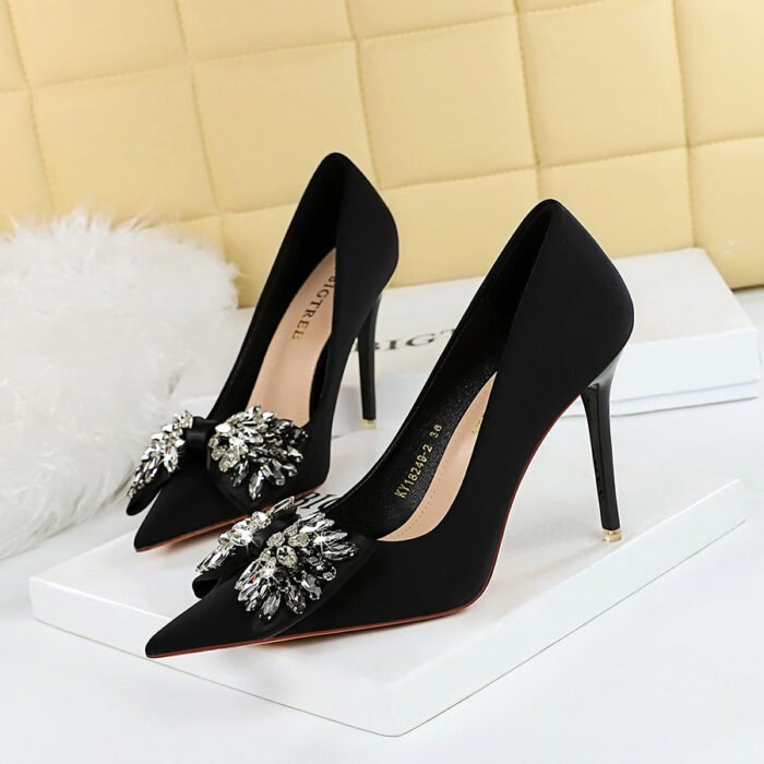 Big Tree Shoes 18249-h3 European and American Style Banquet High Heels Women's Shoes Super High Heel Shallow Mouth Pointed Toe Satin Rhinestone Bow Pumps - Image 1
