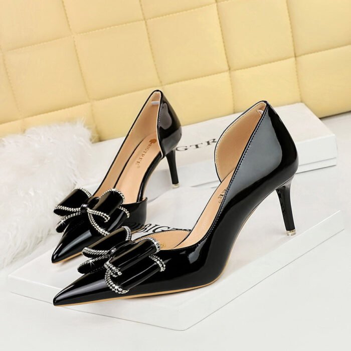 BIGTREE SHOES 638-Ah35 European and American Style Fashion Banquet Women's Shoes High Heel Low-Cut Pointed Patent Leather Side Empty Rhinestone Bow Pumps - Image 2