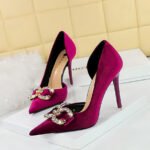 Bigtree Shoes 1363-K77 Banquet High Heels Stiletto Heel Shallow Mouth Pointed Side Hollow out Thick Suede Rhinestone Buckle Bow Pumps