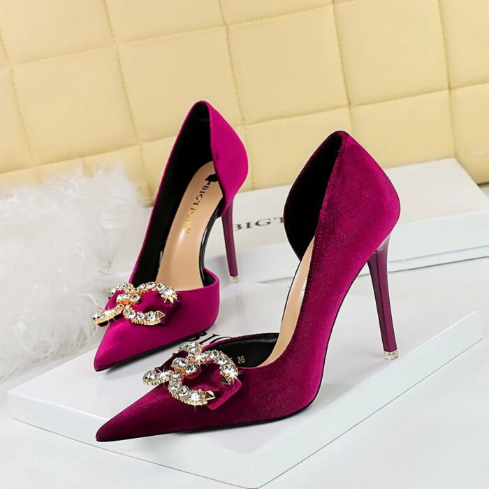 Bigtree Shoes 1363-K77 Banquet High Heels Stiletto Heel Shallow Mouth Pointed Side Hollow out Thick Suede Rhinestone Buckle Bow Pumps - Image 1