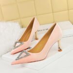 BIGTREE SHOES 1818-K36 European and American Style Banquet High Heels Thickened Suede Shallow Mouth Pointed Triangle Metal Rhinestone Buckle Shoes - Image 3