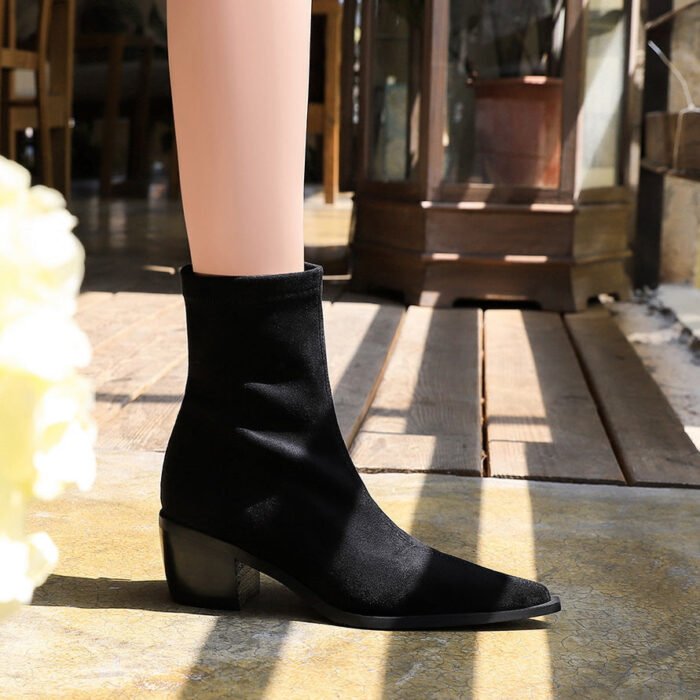Bigtree Shoes 009-11 European and American Fashion Minimalist Knight Boots Women's Boots Sexy Nightclubs Thinner Chunky Heel High Heel Pointed Toe Suede Ankle Boots - Image 1