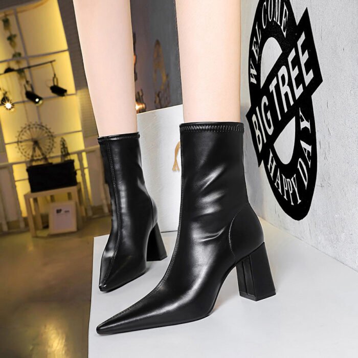 BIG TREE SHOES 6838-2 European and American Style Fashionable Simple Sexy Nightclubs Thinner Chunky Heel High Heel Pointed Toe Winter Skinny Boots Women's Ankle Boots - Image 2