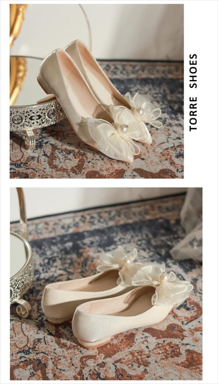 222-60 Pointed High Heels Women's Chunky Heel Wedding Shoes High-Grade Butterfly Wedding Dress Pumps - Image 6
