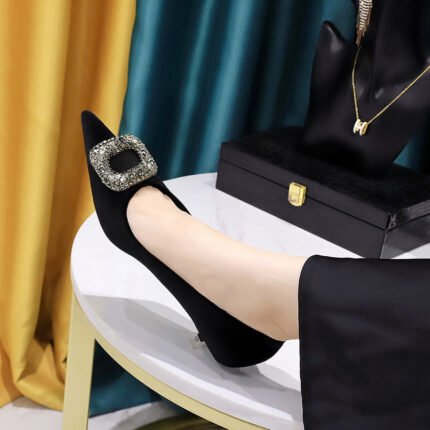 BIGTREE SHOES 237-K83 Banquet European and American Style Women's Shoes Stiletto Mid-Heel Shallow Mouth Pointed Toe Thick Suede Metal Rhinestone Buckle Pumps