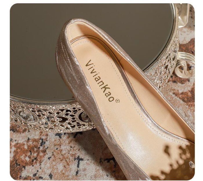 228-51 Champagne Thin and Glittering Bow Crystal Flat Wedding Shoes Female Square Toe Bridal Shoes - Image 10