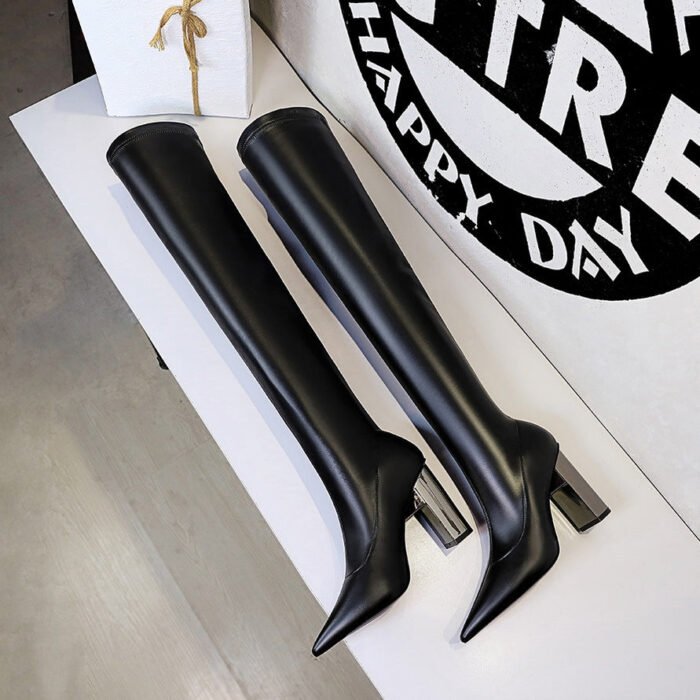 BIG TREE SHOES 3128-16 European and American Style Fashion Metal Heel Chunky Heel High Heel Pointed Toe Sexy Nightclubs Thinner Pedicure over-the-Knee Boots - Image 4