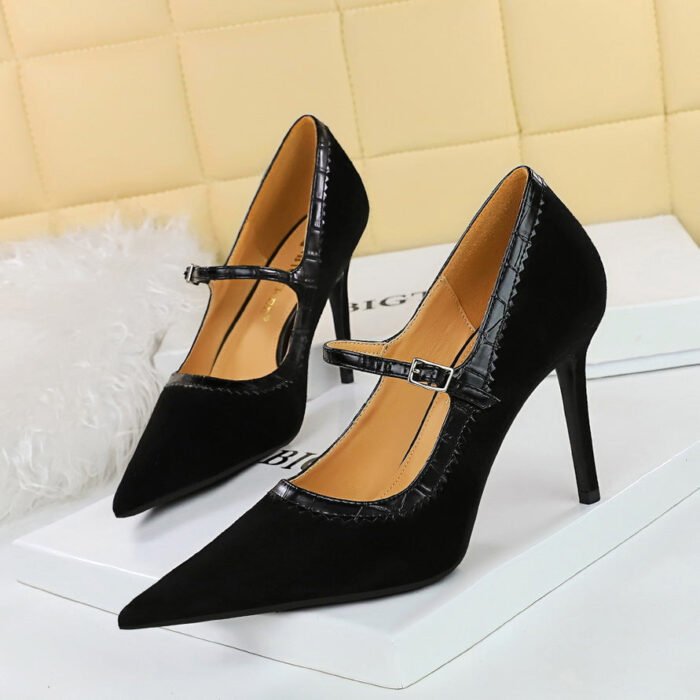 Bigtree Shoes 1198-6 Retro Europe and America Wind Black High Heels Stiletto Heel Suede Shallow Mouth Pointed Toe Strap Women's Shoes - Image 1