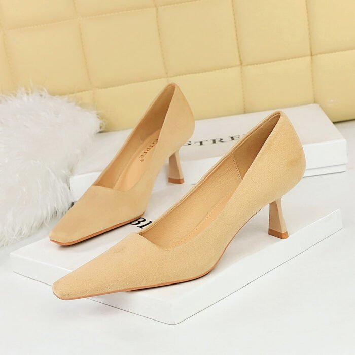 BIG TREE SHOES 6183-3 Korean Fashion Simple High Heels Suede Low-Cut Square Toe Pedicure Slimming All-Matching Women's Shoes Spring and Autumn Single-Layer Shoes - Image 4