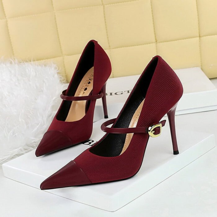 BIGTREE SHOES 9116-3 Korean style fashion banquet high heels women's shoes stiletto low-cut corduroy stitching pointed toe strap pumps - Image 1