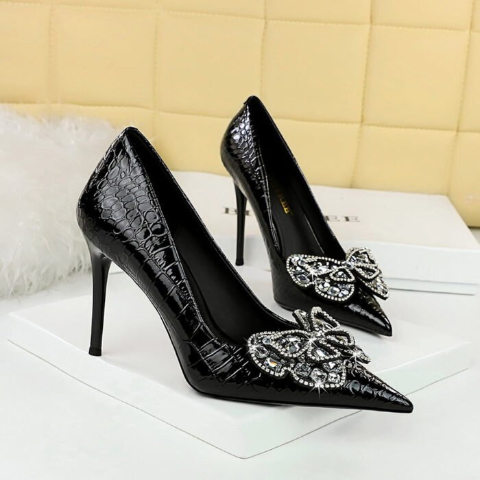 BIG TREE SHOES 3391-H23 Retro European American Style Banquet High Heels Patent Leather Stilettos Shallow Mouth Pointed Toe Rhinestone Bow Pumps Women - Image 2