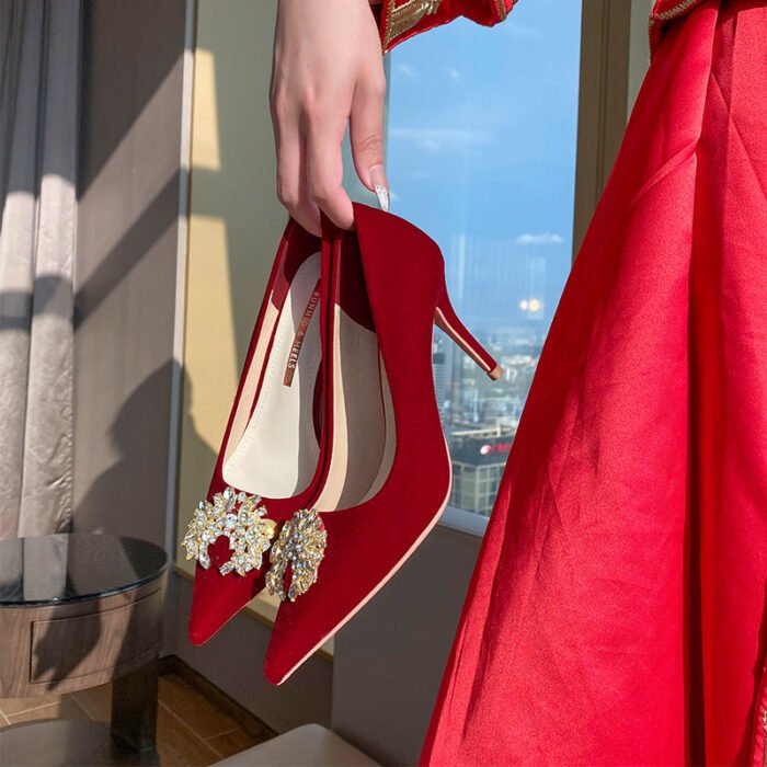 Runnig heels Runnig heels 878-53 Wedding Shoes Wedding Dress Red High Heels Women New Single Layer Shoes Large and Small Size - Image 1