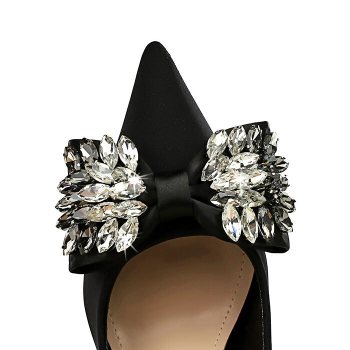 Big Tree Shoes 18249-h3 European and American Style Banquet High Heels Women's Shoes Super High Heel Shallow Mouth Pointed Toe Satin Rhinestone Bow Pumps - Image 3