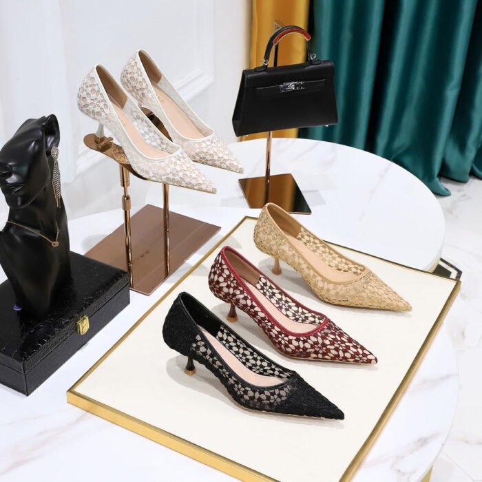 1961-5 European and American Style Fashion Banquet Women's Shoes Stiletto Mid-Heel Pointed Pointed Mesh Lace Sexy Slimming Pumps - Image 3