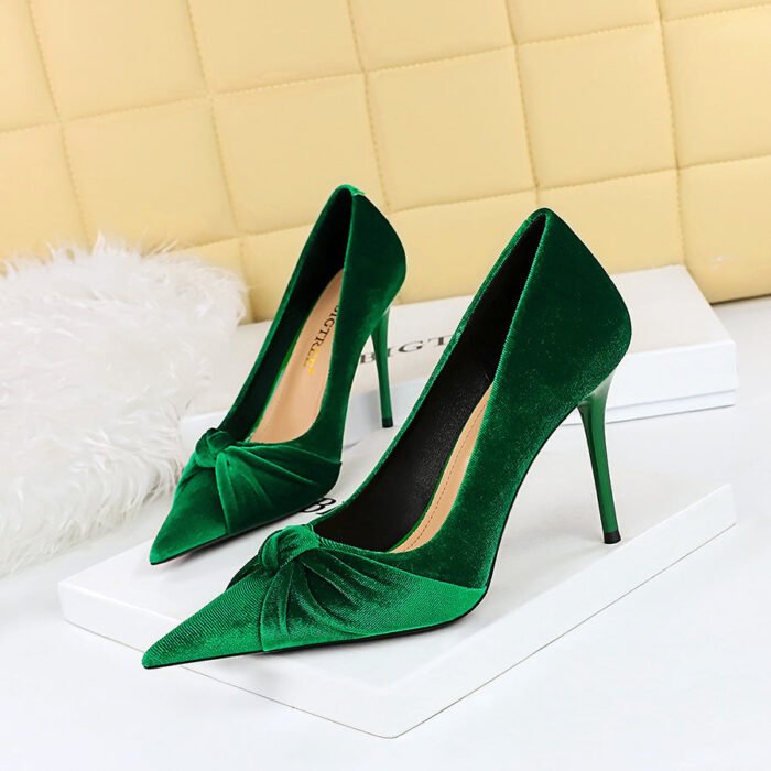3391-27 European and American Fashion Banquet High Heel Shoes Stiletto Heel Shallow Mouth Pointed Toe Xi Shi Suede Bow Pumps - Image 1