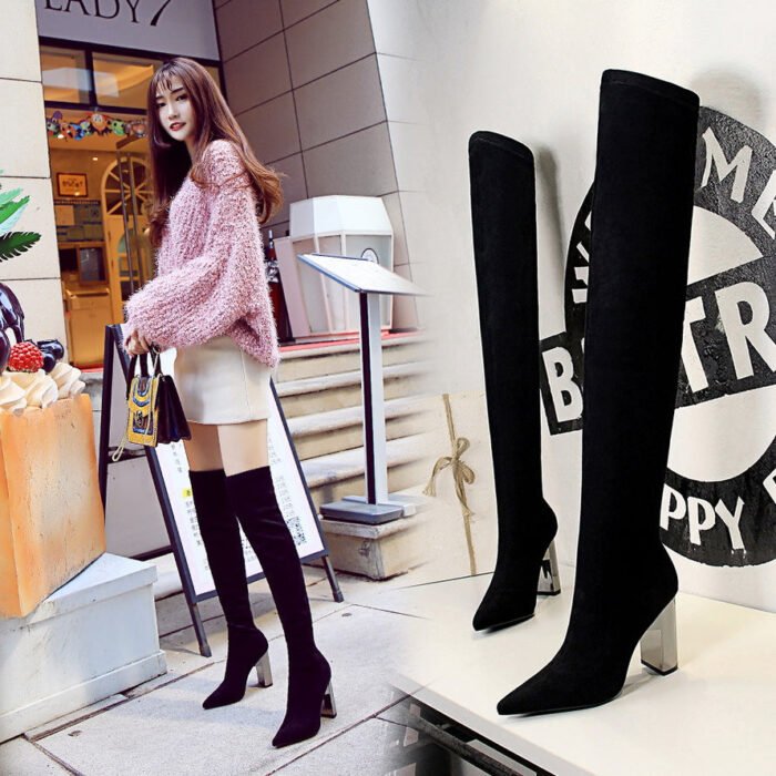 BIG TREE SHOES 3128-6 European and American Fashion Metal Heel Chunky Heel High Heel Suede Pointed Toe Sexy Nightclubs Thinner Pedicure over-the-Knee Boots - Image 2