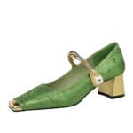 BIGTREE SHOES 5288-6 National Style Women's Shoes Banquet Chunky Heel Mid Heel Satin Embroidered Color Matching Square Toe Low-Cut Pearl Ankle-Strap Shoes - Image 5